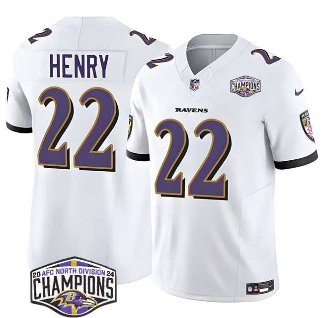 Mens Baltimore Ravens #22 Derrick Henry White F.U.S.E 2024 AFC North Division Champions Vapor Limited Jersey